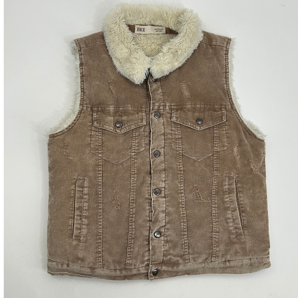 BKE Sherpa Lined Corduroy Vest Brown Distressed Western Cozy M - Picture 2 of 16
